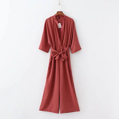 Salopeta de dama cu centura in talie in rosu