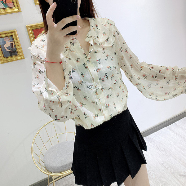 Cămașă de damă cu mâneci lungi cu model alb și floral