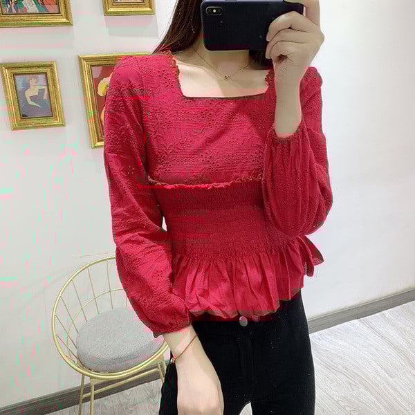 Bluză de damă cu mâneci lungi și talie elastică - două culori