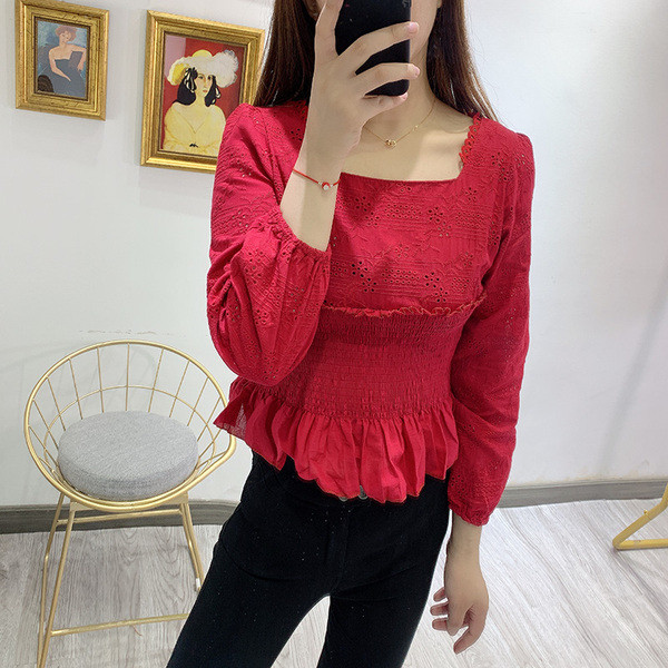 Bluză de damă cu mâneci lungi și talie elastică - două culori