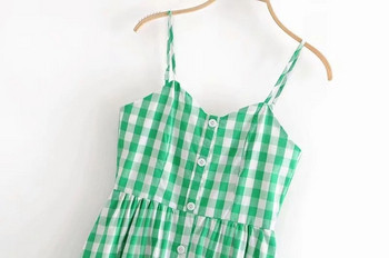 Rochie dama in carouri cu bretele subtiri de culoare verde