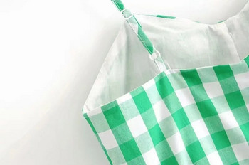 Rochie dama in carouri cu bretele subtiri de culoare verde