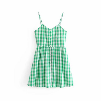 Rochie dama in carouri cu bretele subtiri de culoare verde