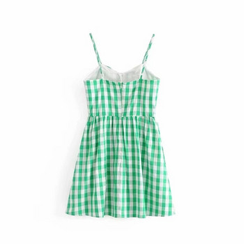 Rochie dama in carouri cu bretele subtiri de culoare verde