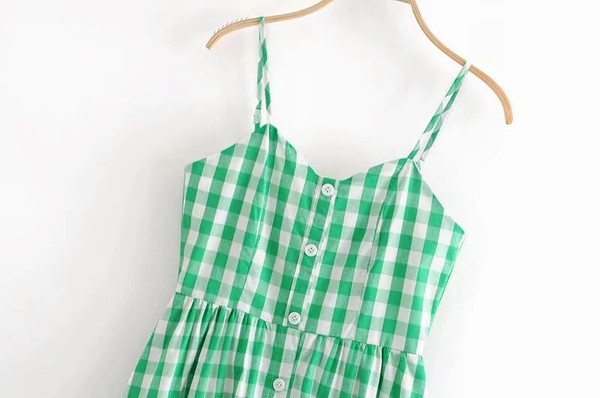 Rochie dama in carouri cu bretele subtiri de culoare verde