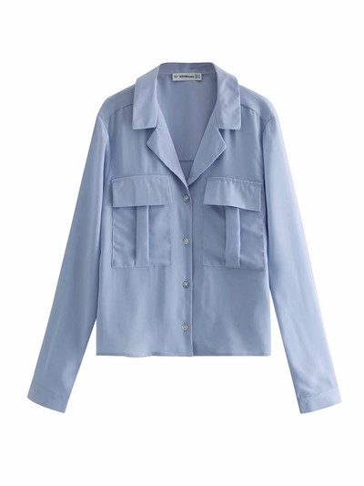 Camasa de dama actuala cu nasturi si buzunare in alb si albastru