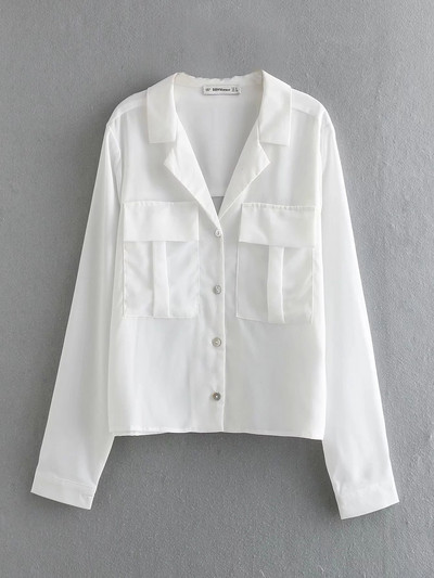 Camasa de dama actuala cu nasturi si buzunare in alb si albastru