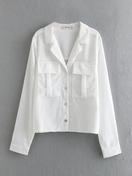 Camasa de dama actuala cu nasturi si buzunare in alb si albastru