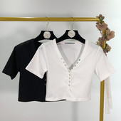 Bluza scurta dama cu decolteu in V si nasturi - doua culori