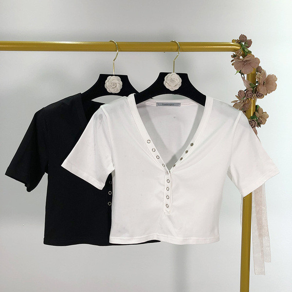 Bluza scurta dama cu decolteu in V si nasturi - doua culori