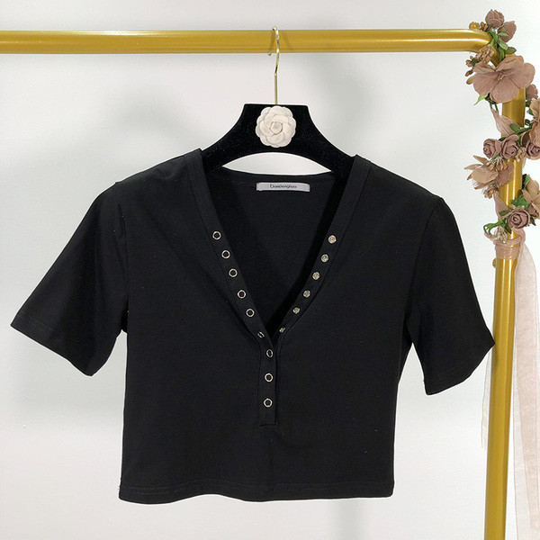 Bluza scurta dama cu decolteu in V si nasturi - doua culori