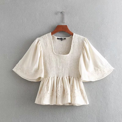 Piros és fehér lótusz ujjú női blúz