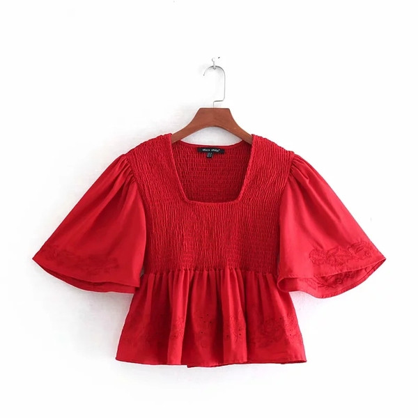 Piros és fehér lótusz ujjú női blúz