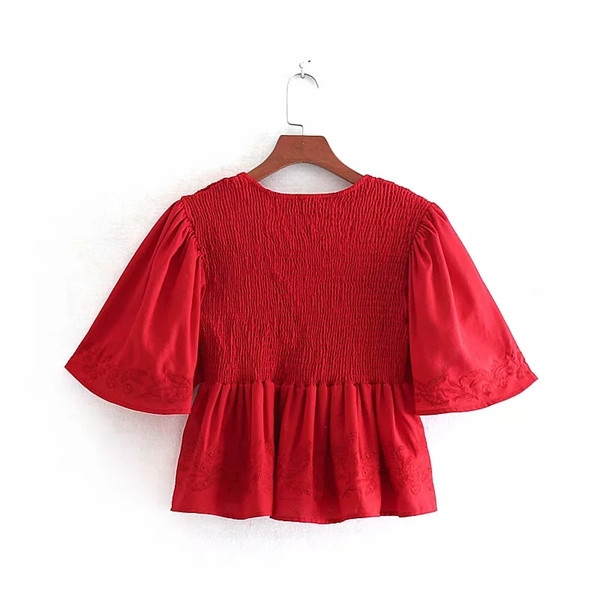 Piros és fehér lótusz ujjú női blúz