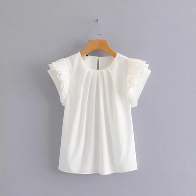 Bluză de damă cu mâneci lotus scurte de culoare albă