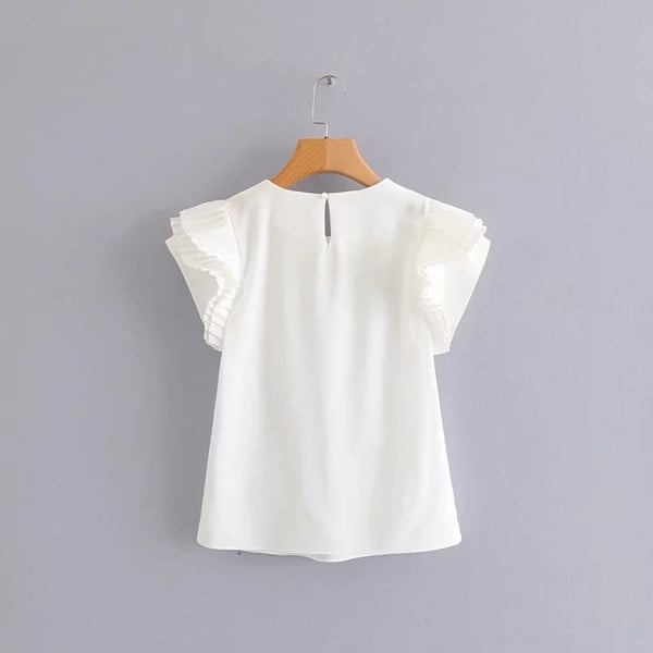 Bluză de damă cu mâneci lotus scurte de culoare albă