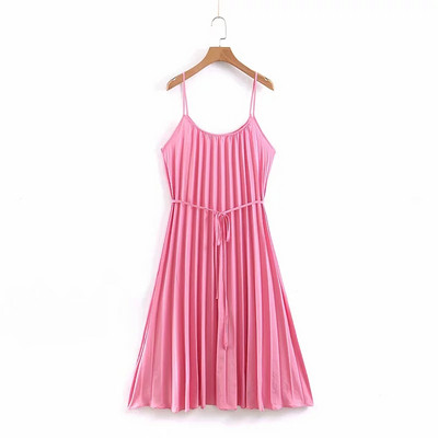 Rochie de damă plisată cu bretele subțiri în culoarea roz