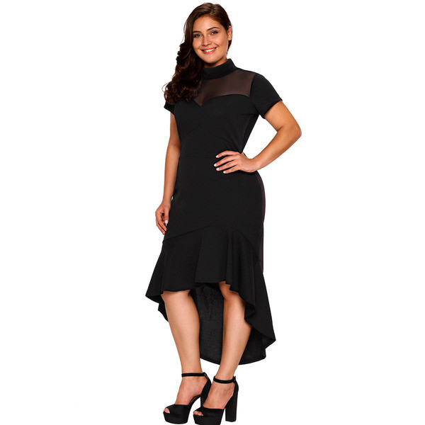 Rochie lungă de damă modernă, cu mâneci scurte și decolteu înalt, în negru și roșu