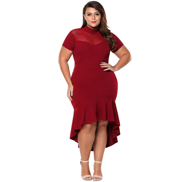 Rochie lungă de damă modernă, cu mâneci scurte și decolteu înalt, în negru și roșu