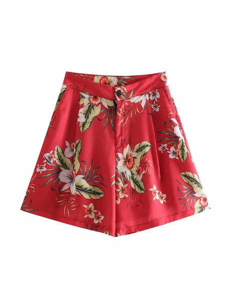 Pantaloni scurti de dama cu model floral si talie inalta