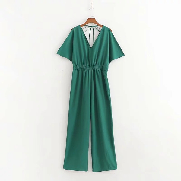 Zöld színű, rövid ujjú női jumpsuit