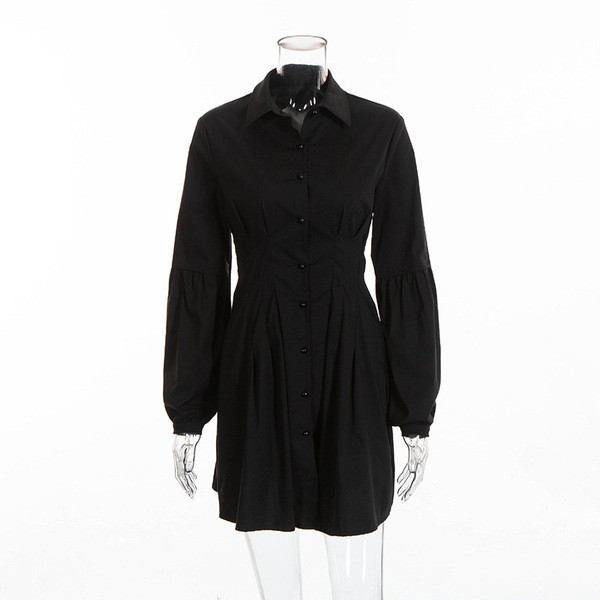 Rochie casual de dama cu guler clasic si maneci lungi in negru si rosu