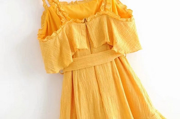 Modern női ruha vékony pántokkal, sárga színben