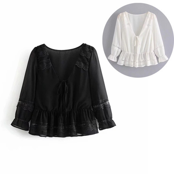 Bluza de dama cu decolteu in V si culoare alb-negru