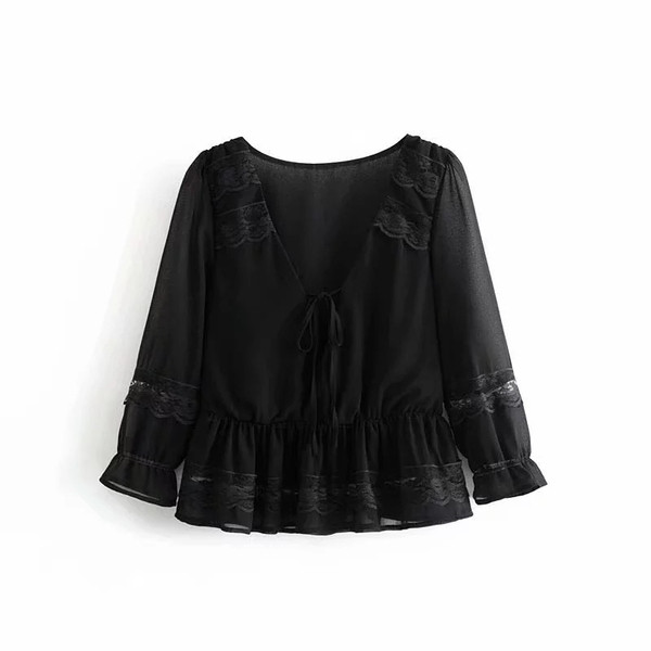 Bluza de dama cu decolteu in V si culoare alb-negru