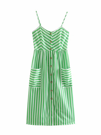 Női csíkos ruha vékony pántokkal és zsebekkel, zöld színben