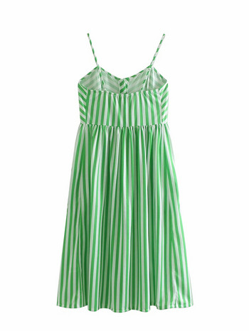 Női csíkos ruha vékony pántokkal és zsebekkel, zöld színben