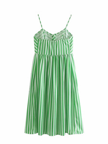 Női csíkos ruha vékony pántokkal és zsebekkel, zöld színben
