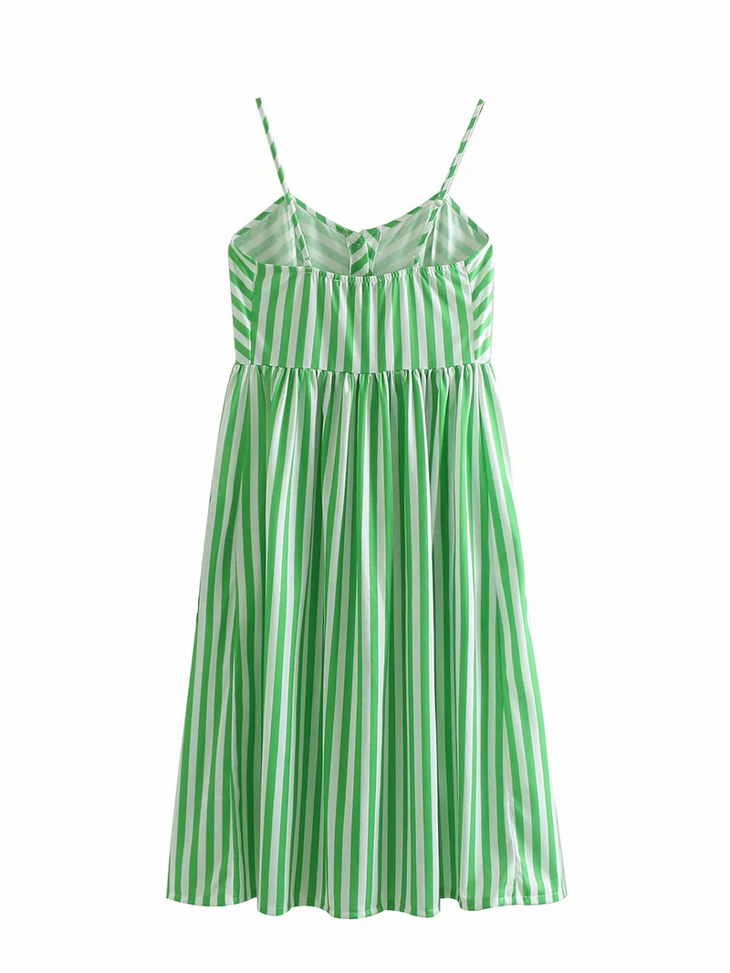 Női csíkos ruha vékony pántokkal és zsebekkel, zöld színben