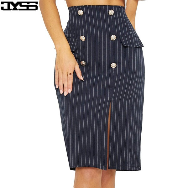 Stílusos női szoknya magas derékkal és kék gombokkal