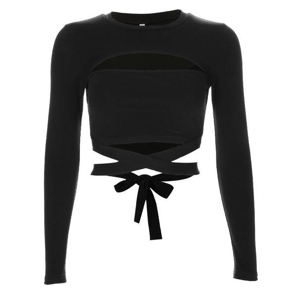 Női modern rövid fekete blúz, hosszú ujjal