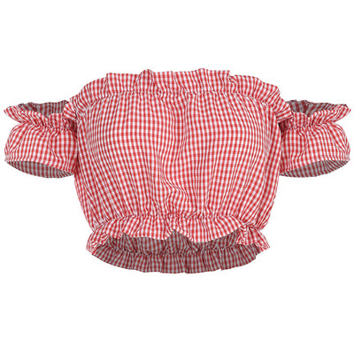 Bluză scurtă în carouri casual de damă, de culoare roșie