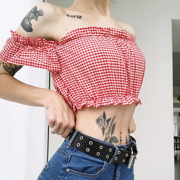 Bluză scurtă în carouri casual de damă, de culoare roșie