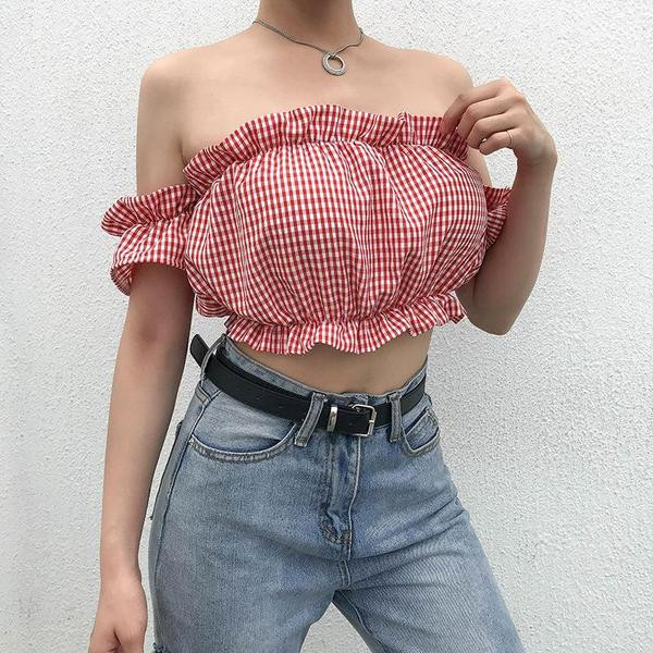 Bluză scurtă în carouri casual de damă, de culoare roșie