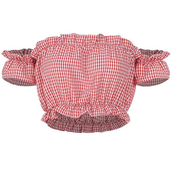 Bluză scurtă în carouri casual de damă, de culoare roșie