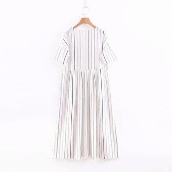 Női csíkos ruha V-nyakkal, fehér színben