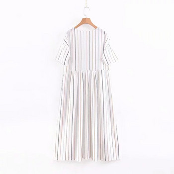 Női csíkos ruha V-nyakkal, fehér színben