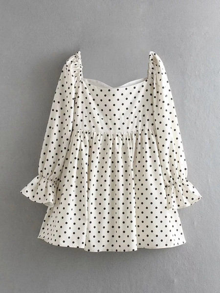 Rochie moderna de dama cu buline de culoare alba si maneci lungi