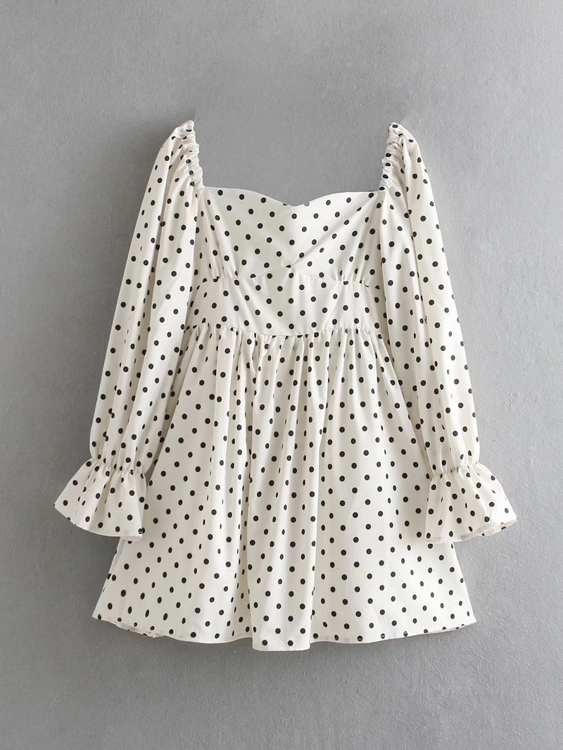 Rochie moderna de dama cu buline de culoare alba si maneci lungi