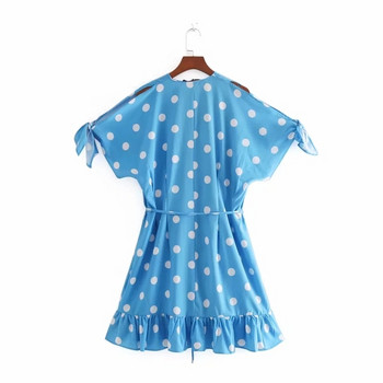 Női alkalmi pöttyös ruha kék színben