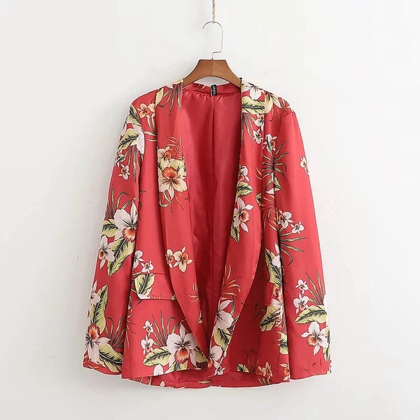Piros színű virágmintás női kabát