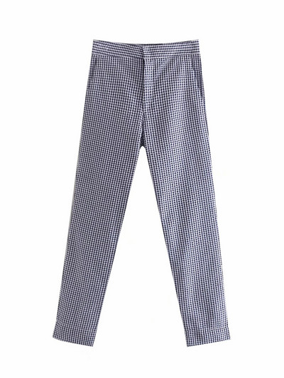 Pantaloni de dama in carouri cu talie inalta si buzunare