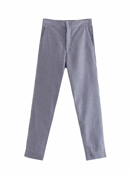 Pantaloni de dama in carouri cu talie inalta si buzunare