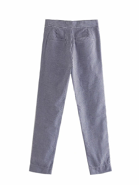 Pantaloni de dama in carouri cu talie inalta si buzunare