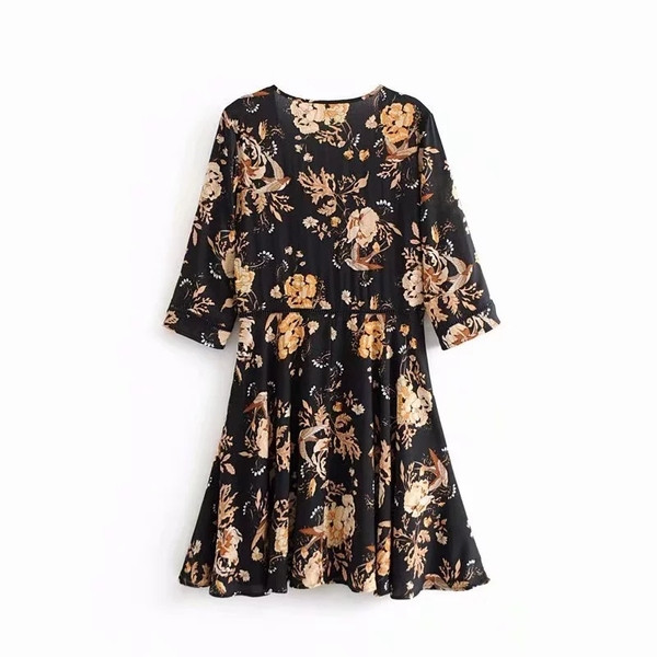 Rochie de dama cu model floral cu maneci 3/4
