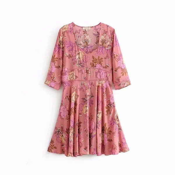 Rochie de dama cu model floral cu maneci 3/4